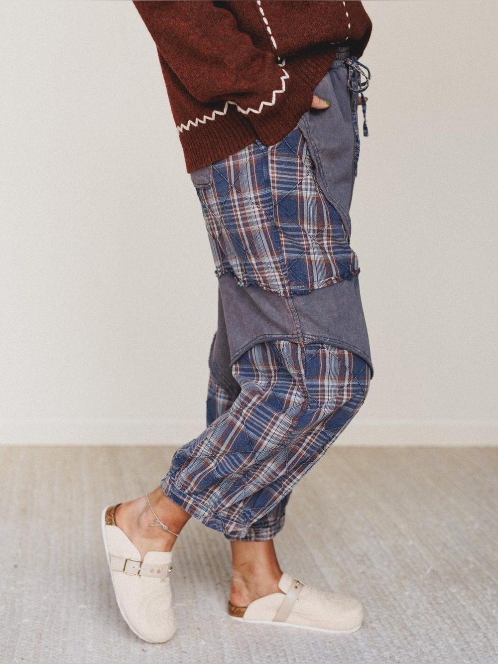 New Oli & Hali Navy Washed Plaid Cabin Kind Terry Patchwork Pants | Large - Picture 4 of 16